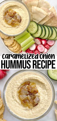 hummus recipe with celery, onion and cucumber on the side