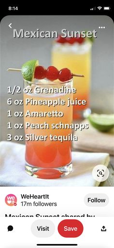 the mexican sunset cocktail recipe is shown in this screenshot from an iphone screen shot