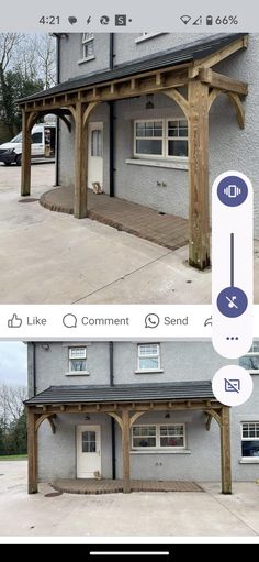 two different pictures of a house with an attached porch