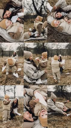 a collage of photos with people laying on the ground in winter clothes and hats