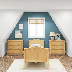 a bedroom with blue walls and wooden furniture in the corner, along with a white rug