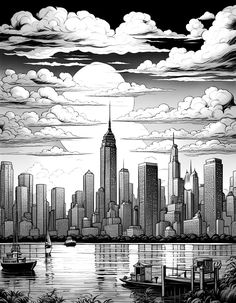 a black and white drawing of a cityscape with boats in the water below