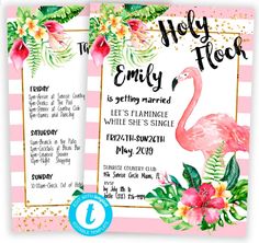 a pink flamingo themed birthday party with tropical flowers and leaves on it's side