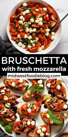 an image of bruschetta with fresh mozzarella and basil on the side