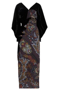 Lustrous black velvet beautifully complements the muted paisley print on this Italian-made midi dress that delivers drama via elegant bell sleeves and a fluttery ruffle. Hidden back-zip closure V-neck V-back Three-quarter sleeves 97% viscose, 3% elastane with 80% viscose, 20% silk contrast Dry clean Made in Italy Designer Clothing Elegant Fitted Midi Dress With Paisley Print, Elegant Black Paisley Print Dress, Perfect Objects, Laundry List, Clothes Board, Dream Outfits, Print Midi Dress, Printed Midi Dress, Free Fabric