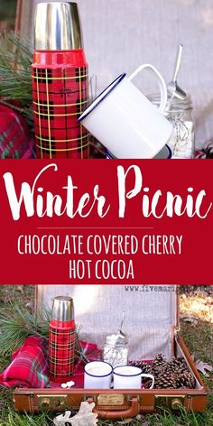 winter picnic chocolate covered cherry hot cocoa in an old suitcase with the title overlay