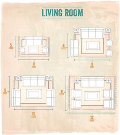 the living room floor plan is shown in three different sizes and colors, including two couches