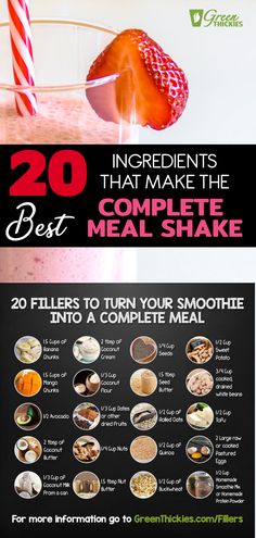 a menu with different types of food on it and the words 20 ingredients that make the complete meal shake