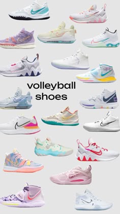 many different shoes are shown with the words volleyball shoes in white, blue, pink and yellow