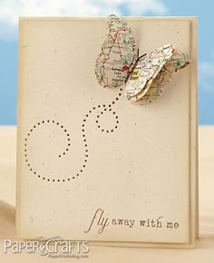 Fly Away Card - 25+ map and globe projects - NoBiggie.net Map Crafts, Paper Butterflies, בר מצווה, 자수 디자인, Butterfly Decorations, Butterfly Cards, Handmade Greetings, Card Making Ideas, Creative Cards