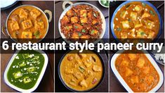 six restaurant style paneer currys are shown in four different pictures, with the words 6