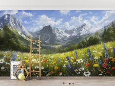 a painting of a mountain scene with wildflowers in the foreground and a ladder leaning against it