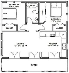 the floor plan for a two bedroom apartment with an attached kitchen and living room area