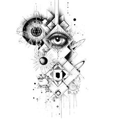 an artistic black and white drawing with geometric shapes, eyes and other things in the background