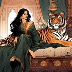 a woman sitting on top of a bed next to a tiger