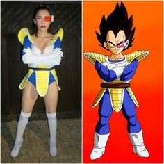 a woman dressed in dragon ball costume next to an image of the same person wearing a bodysuit