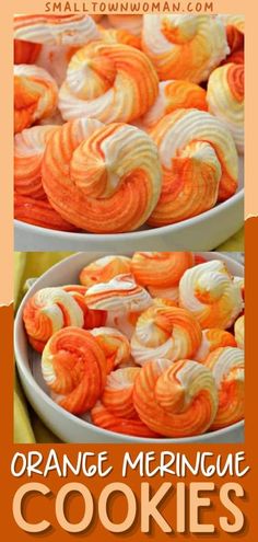 orange meringue cookies with white frosting on top and the words orange meringue cookies above them