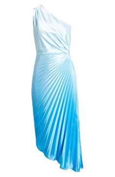 An asymmetric silhouette topped by a single shoulder brings bold flair to this pleated dress featuring a side cutout and ombré palette. 42" to 52" length (size Medium) Hidden side-zip closure One-shoulder neck Sleeveless Lined 95% polyester, 5% spandex Dry clean or hand wash, dry flat Imported Summer Ombre Cocktail Dress, Summer Cocktail Ombre Dress, Ombre Sleeveless Evening Dress, Sleeveless Gradient Evening Dresses, Evening Sleeveless Gradient Dress, Sleeveless Gradient Dress For Evening, Chic Ombre Dresses For Party, Chic Gradient Color Dress For Party, Chic Gradient Dress For Party