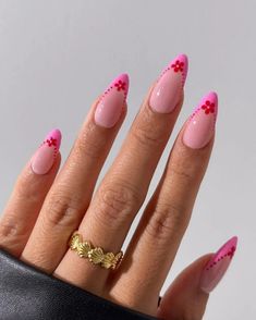 long almond shaped hot pink French tip nails with cute red daisy designs Summertime Activities, June Nails, Pink French Tip, Yummy Fruit, Vibrant Florals, French Tip Nail Designs, Pink Manicure, Summer Manicure