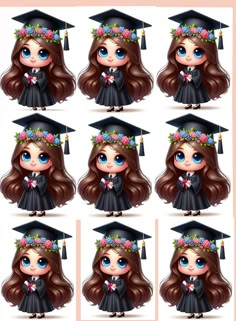 a set of cartoon girls wearing graduation caps and gowns with flowers in their hair