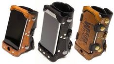 three different types of cell phones in leather cases with metal rivets on them