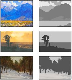 four different pictures with trees and mountains in the background