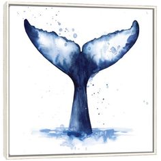 a painting of a blue whale's tail is shown in watercolor on white paper