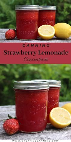 three jars filled with strawberry lemonade sitting on top of a wooden table