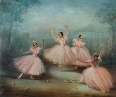 four ballerinas in pink tutu skirts are dancing