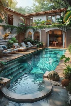 an outdoor swimming pool with lounge chairs around it and steps leading up to the house