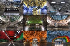 many different images of the inside of a building with multiple colors and patterns on them