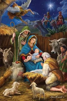 a nativity scene with the birth of jesus and baby jesus, surrounded by animals