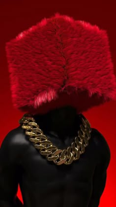 a black mannequin wearing a red fur hat and gold chains on its head