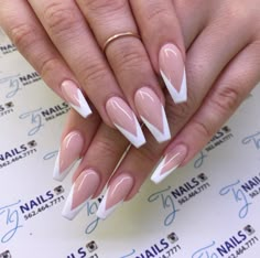 White French Nail Designs Coffin, Nails With White Tips Coffin, Pointed French Tip Nails Coffin, French Tip Acrylic Nails Triangle, Triangle French Tip Acrylic Nails, White Tip Coffin Acrylic Nails, Coffin Triangle French Tip, French Tips Pointy, Nail Designs Triangle French Tip