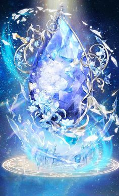 a blue diamond surrounded by butterflies and stars in the night sky with light shining on it