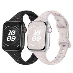 two apple watch bands with different colors and designs on each one side, both showing the same