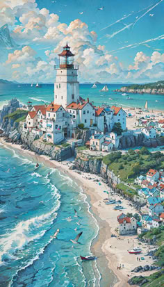 a painting of a lighthouse on top of a hill next to the ocean and beach