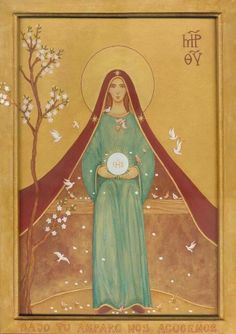 an icon of the virgin mary with doves in her hands and trees behind it