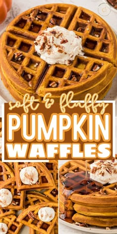 pumpkin waffles with whipped cream on top