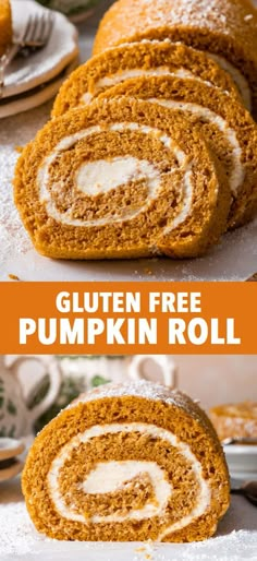 pumpkin roll with cream cheese frosting on top is cut in half and ready to be eaten