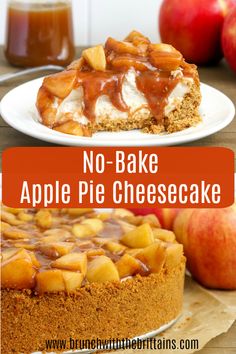 no - bake apple pie cheesecake on a plate with apples in the background