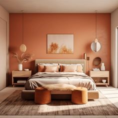 a bedroom with an orange accent wall and bed in the middle, two stools on either side of the bed