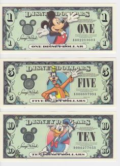 three disney dollar bills with mickey mouse on them