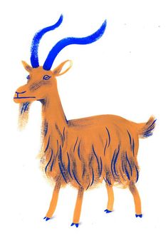 an orange goat with blue horns standing in front of a white background