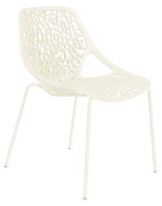 a white plastic chair with an intricate design on the back and legs, viewed from the front