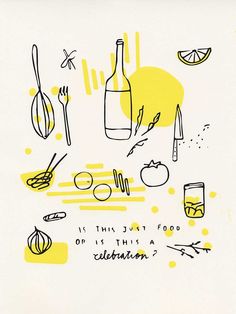 an image of food and drinks on a white background with yellow dots in the middle