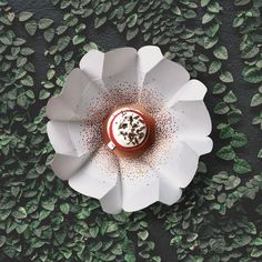 an overhead view of a dessert in a paper flower on a black surface with green leaves