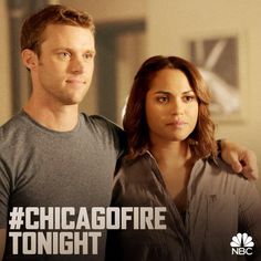 a man and woman standing next to each other with the caption share if you'll be watching chicago fire tonight