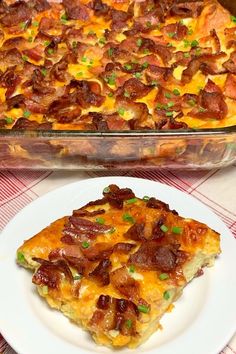 a casserole with bacon and cheese on a plate next to the casserole