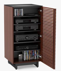 an entertainment center with several shelves and various audio equipment on it's sides, including a cd player